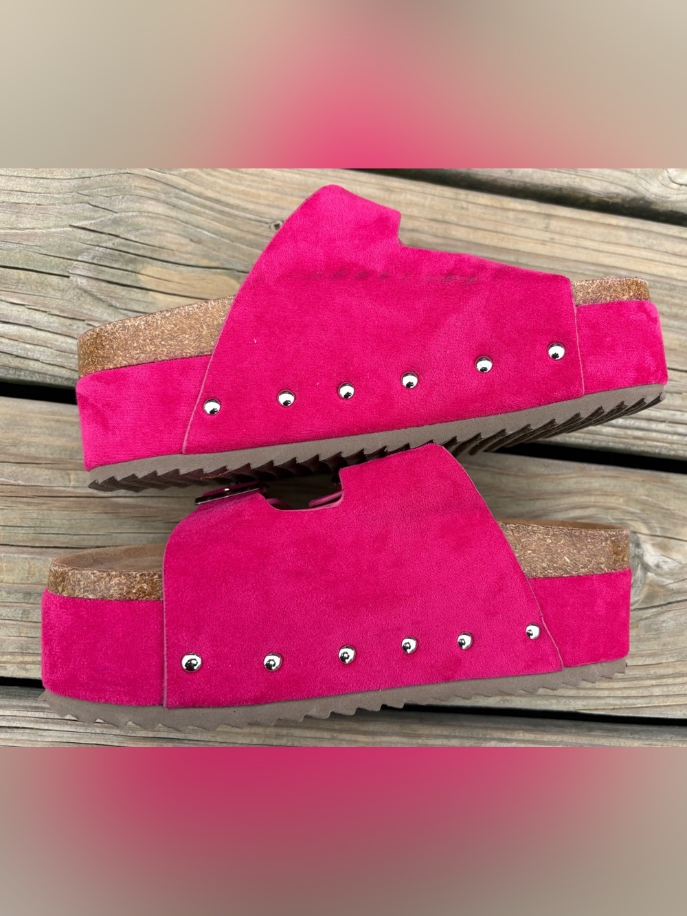 Corkys Hot Pink Double Buckle Suede Slide Sandals - Picture 3 of 5